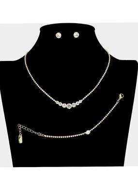 Gold 3 Piece Rhinestone Necklace Earrings Bracelet Set Prom Bridal Evening